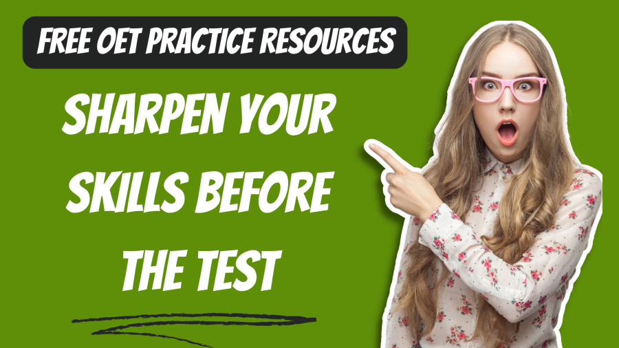 A surprised woman in pink glasses points to text that reads "FREE OET PRACTICE RESOURCES" and "SHARPEN YOUR SKILLS BEFORE THE TEST".