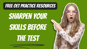 A surprised woman in pink glasses points to text that reads "FREE OET PRACTICE RESOURCES" and "SHARPEN YOUR SKILLS BEFORE THE TEST".